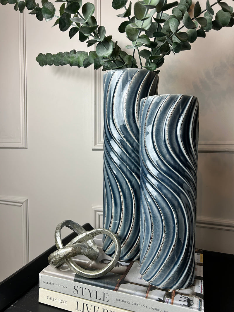 Blue Tall Wavy wave Texture Straight Sided Vase 2 Sizes