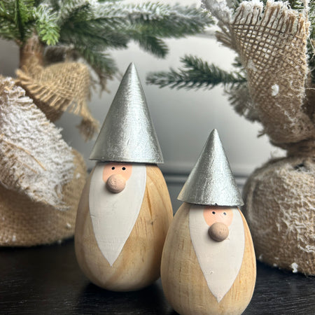 Set of two wooden Santa’s Gonk with silver hat