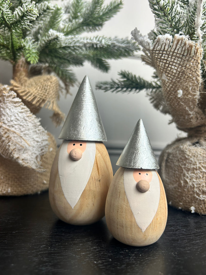 Set of two wooden Santa’s Gonk with silver hat