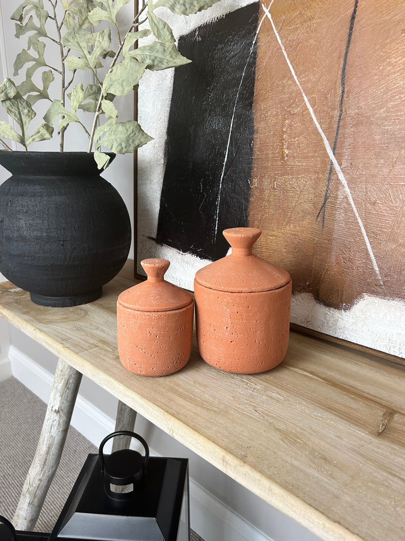 Terracotta textured lidded jar pot 2 sizes