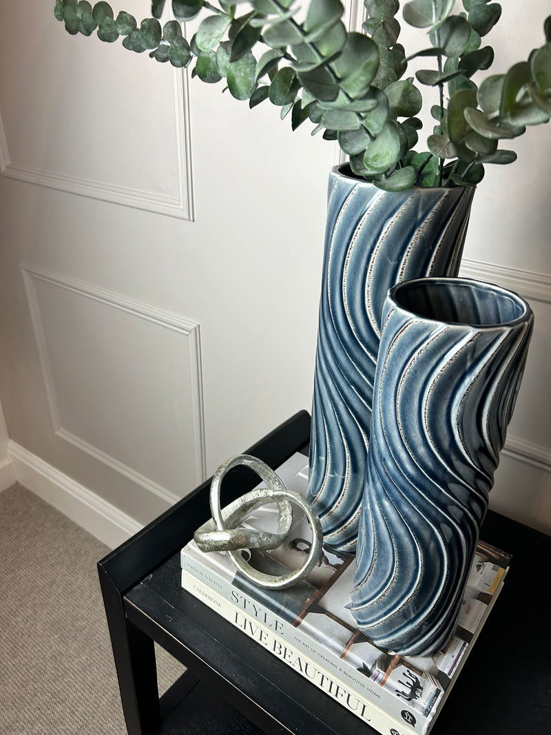 Blue Tall Wavy wave Texture Straight Sided Vase 2 Sizes