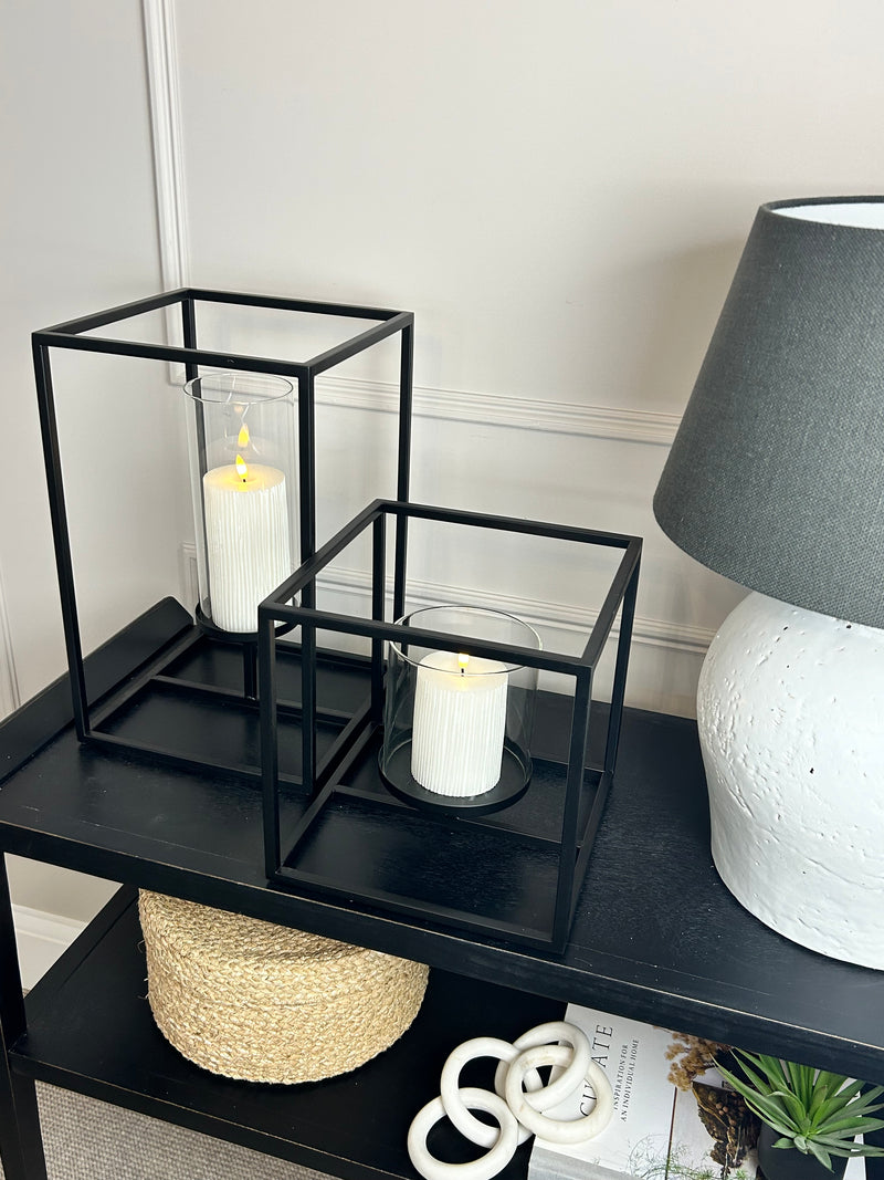 Framed windlight black metal candle holder 2 sizes