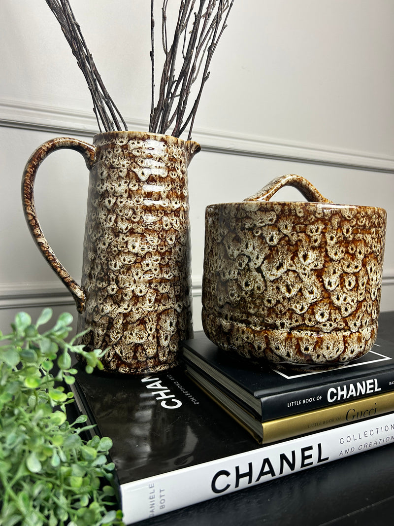 Chunky mottled brown ceramic lidded jar