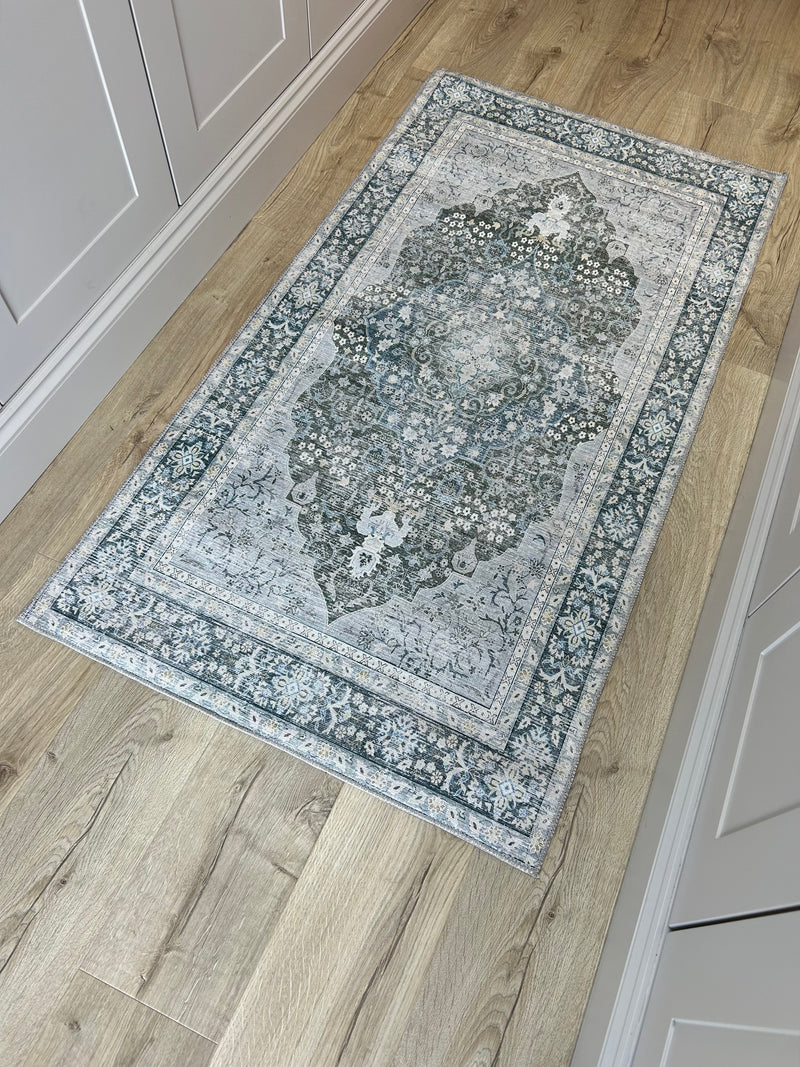 Oakham Traditional blue green Grey Washable Runner mat rug Available in 3 Sizes