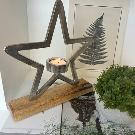 Aluminium Star On Wood Base Tea light candle Holder