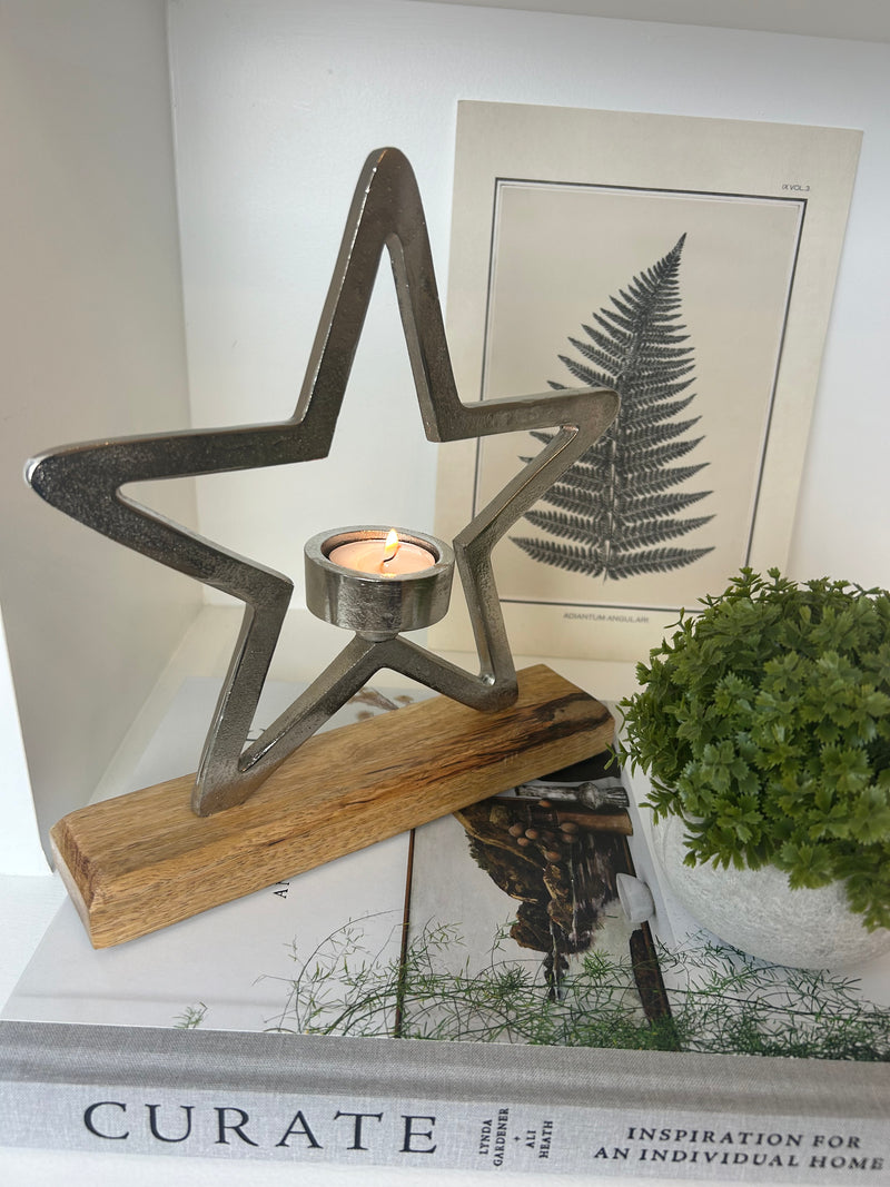 Aluminium Star On Wood Base Tea light candle Holder