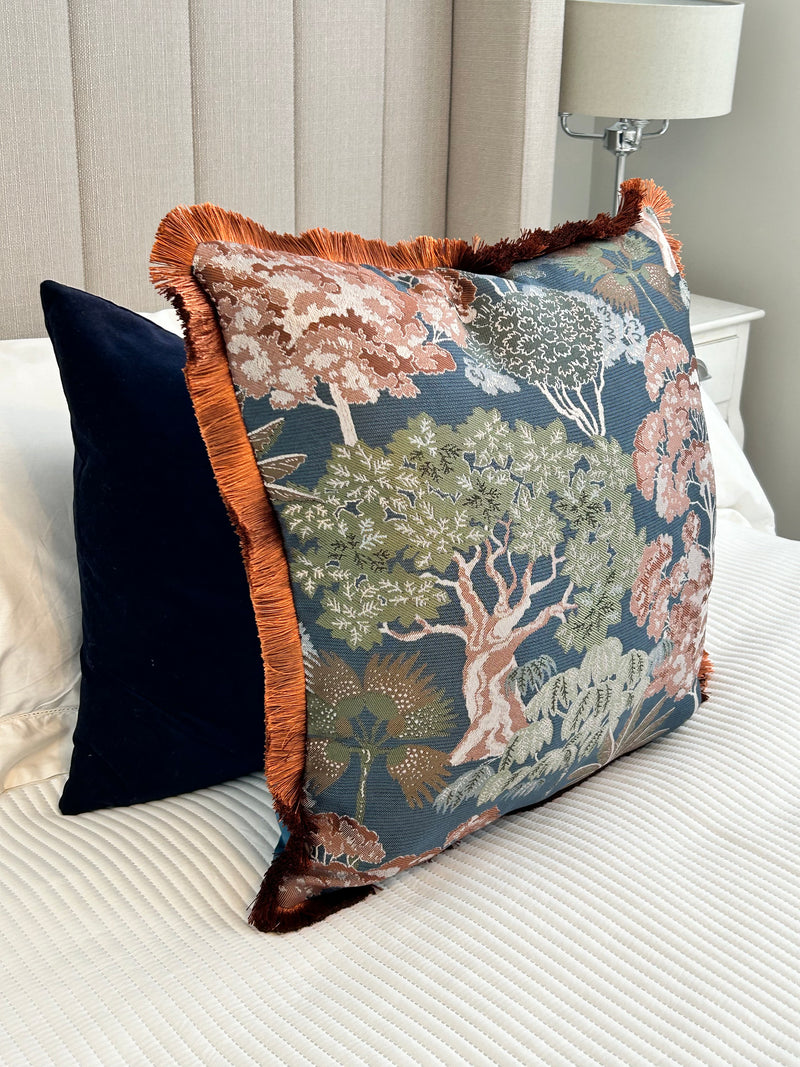 Woodlands Jacquard Print & Velvet Fringed Large Cushion 55x55cm