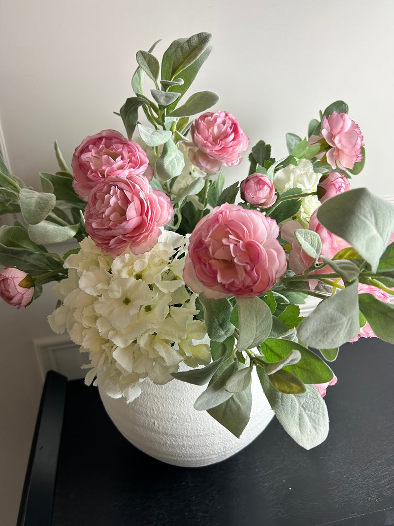 Bouquet arrangement 2 lambs ear hydrangeas and pink ranunculus stems