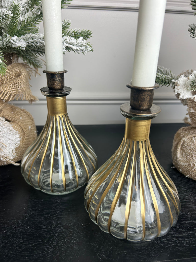 Set of two pair Gold glass stripe candle holder 18cm