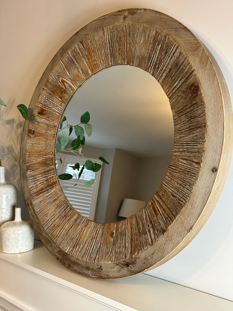 Washed wood round chunky mirror