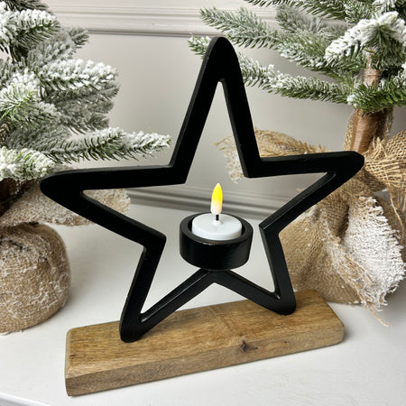 Black Star Metal Tea light candle Holder wooden base