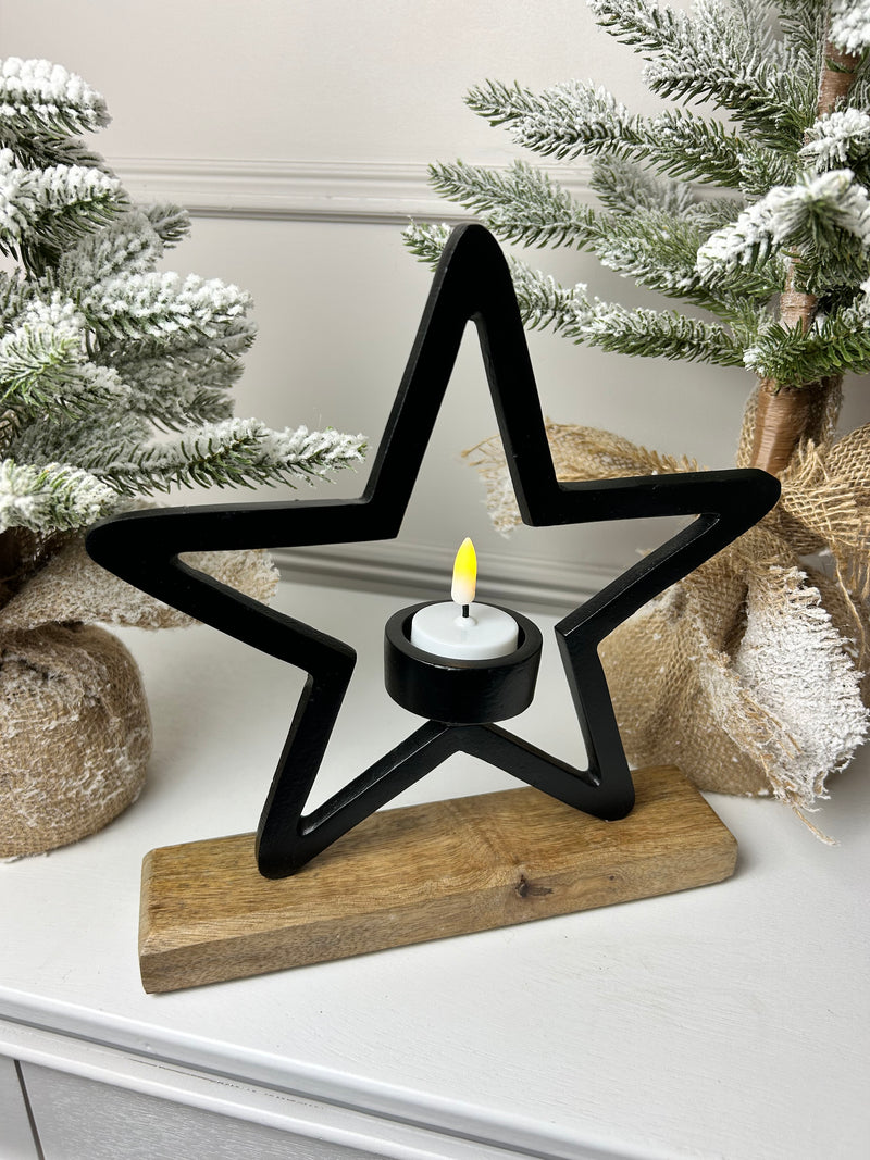 Black Star Metal Tea light candle Holder wooden base