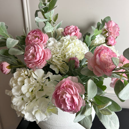 Bouquet arrangement 2 lambs ear hydrangeas and pink ranunculus stems