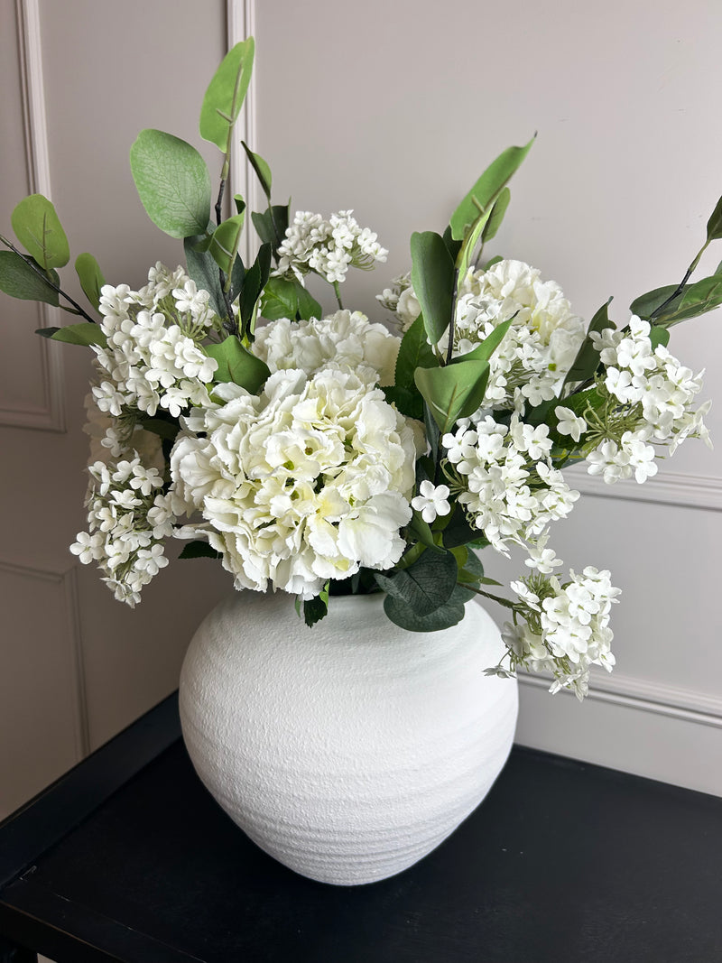 Bouquet arrangement 1 eucalyptus hydrangea Charlotte blossom ball 2 styles white and pink