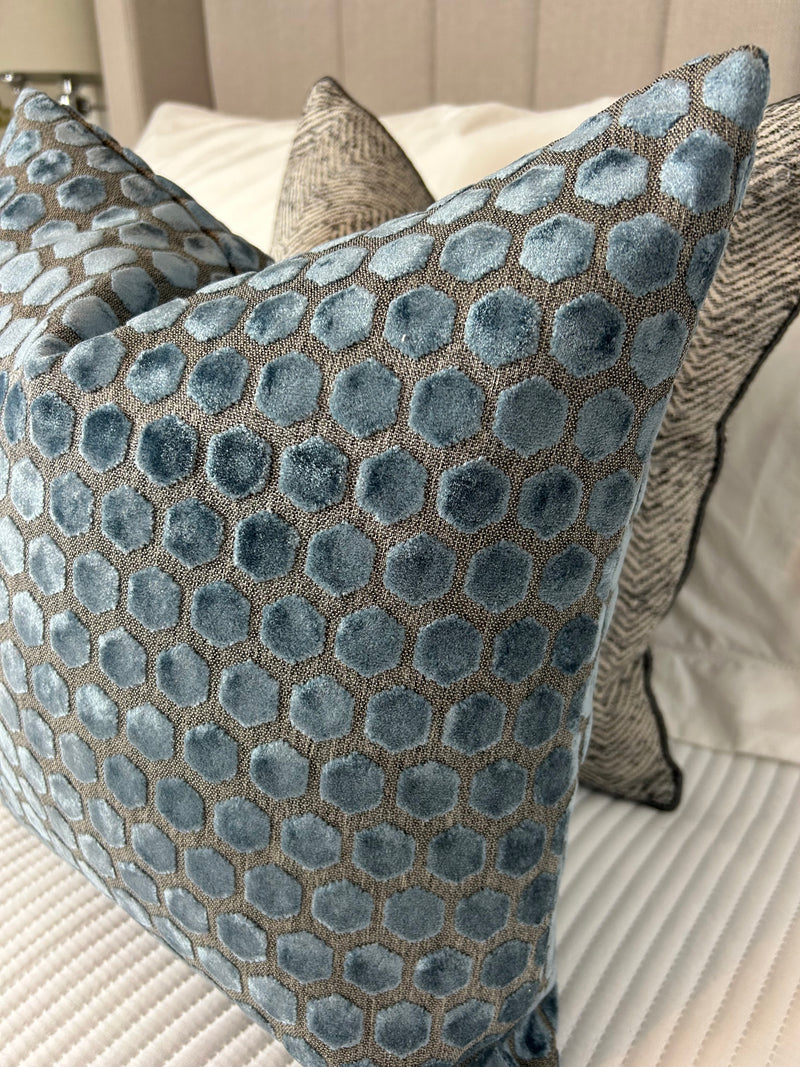 Mid blue Jorvik hex luxury cushion