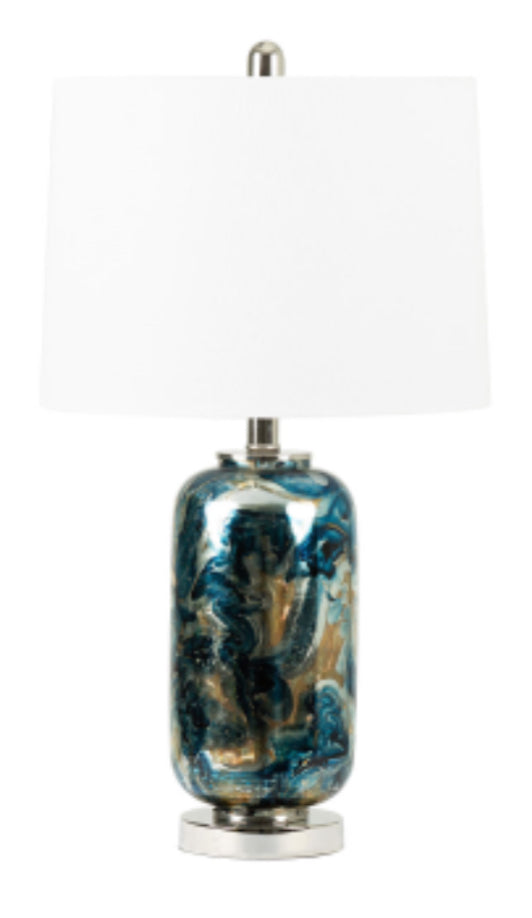 Blue turquoise navy silver lamp with white shade