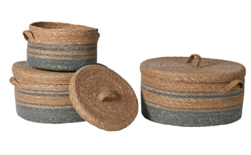 Natural woven stripe lidded baskets 3 sizes chambray