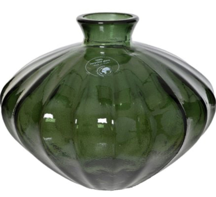 Green Fluted Ribbed Glass Squat Vase 19cm