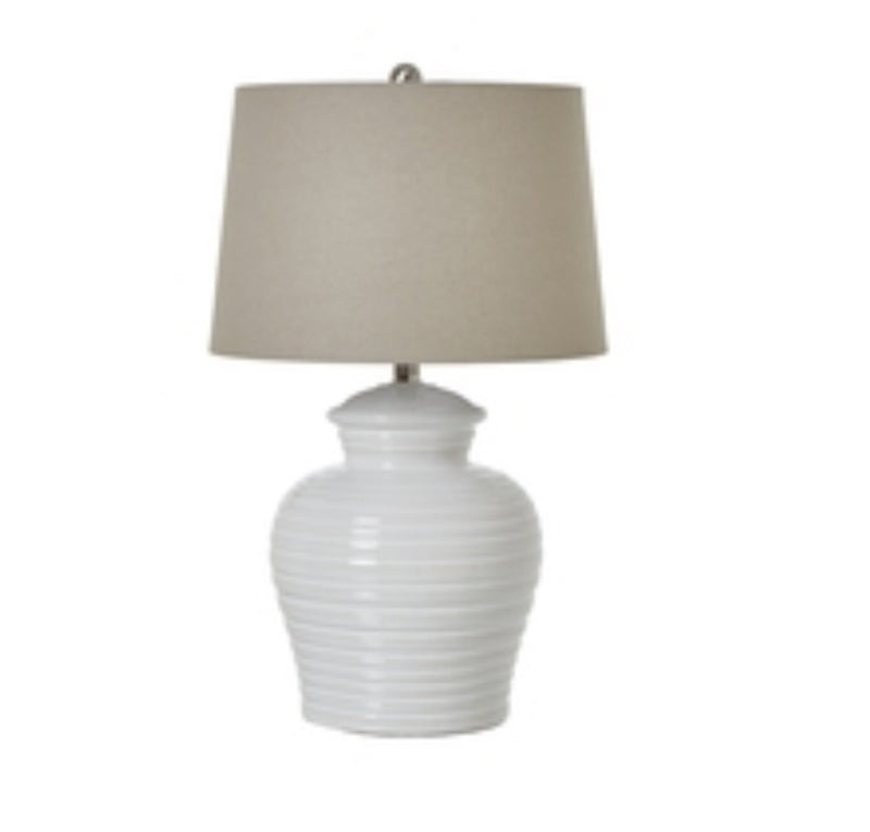 White ceramic ribbed lamp with shade