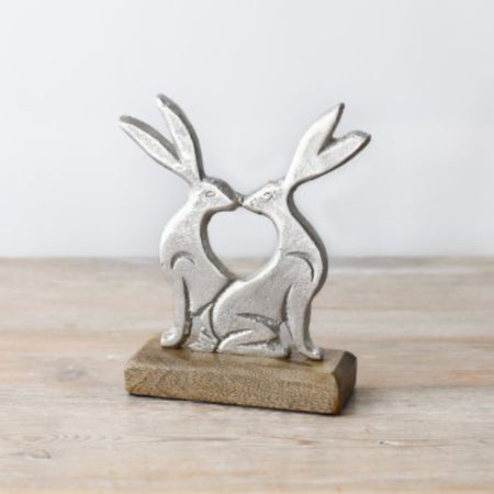 Kissing rabbits on wooden base 17cm easter