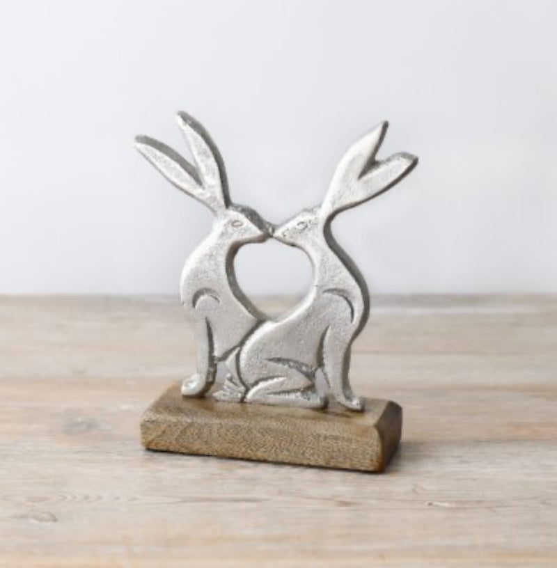 Kissing rabbits on wooden base 17cm easter