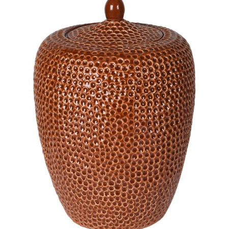 Burnt orange bobble pitted hammered ceramic lidded vase jar