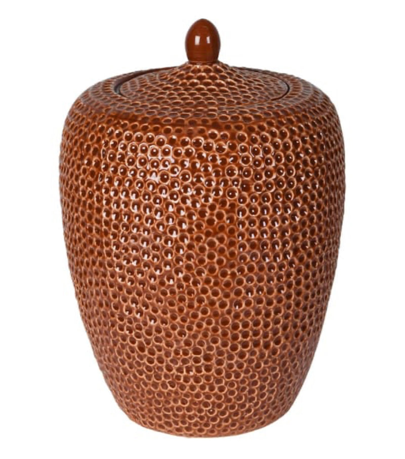 Burnt orange bobble pitted hammered ceramic lidded vase jar