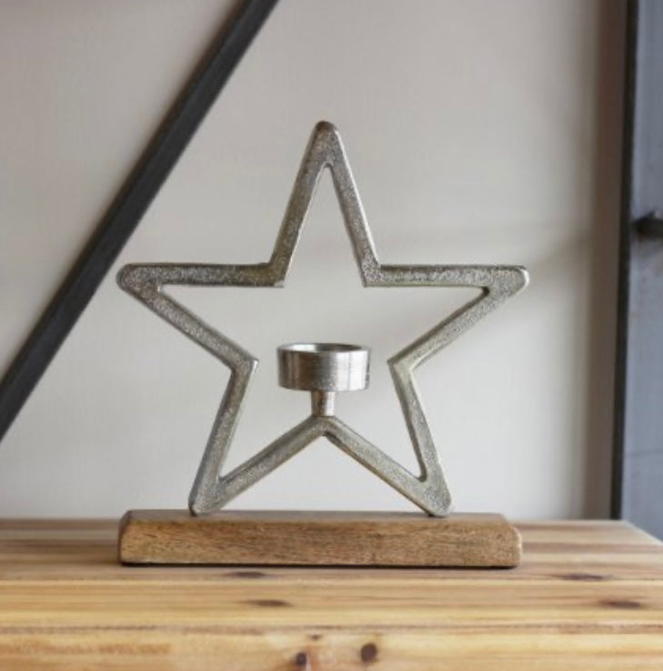 Aluminium Star On Wood Base Tea light candle Holder