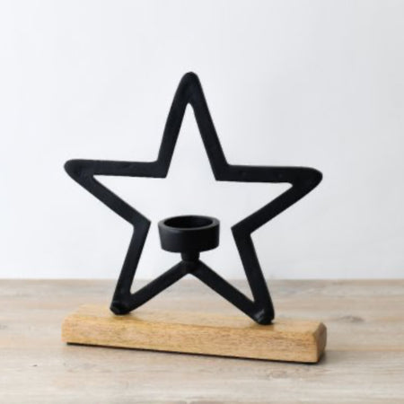 Black Star Metal Tea light candle Holder wooden base