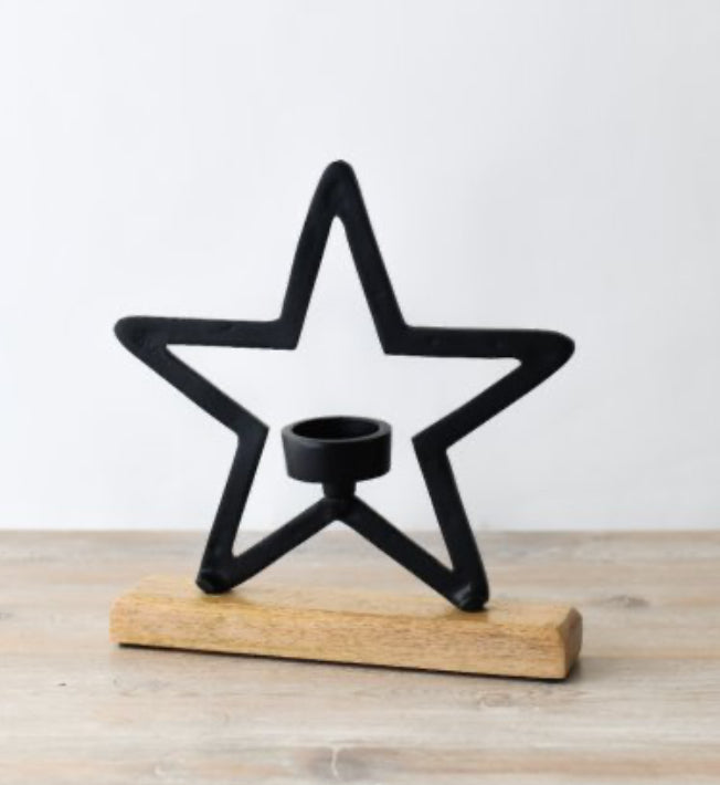 Black Star Metal Tea light candle Holder wooden base