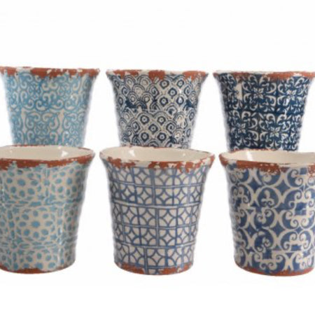 Blue Glazed Terracotta rustic Plant Pots, 6 designs 3 colours