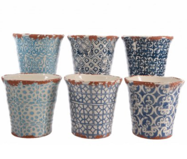 Blue Glazed Terracotta rustic Plant Pots, 6 designs 3 colours