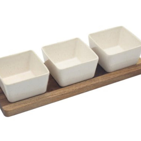 Square Ceramic Dip Dishes on Wood Tray 32cm