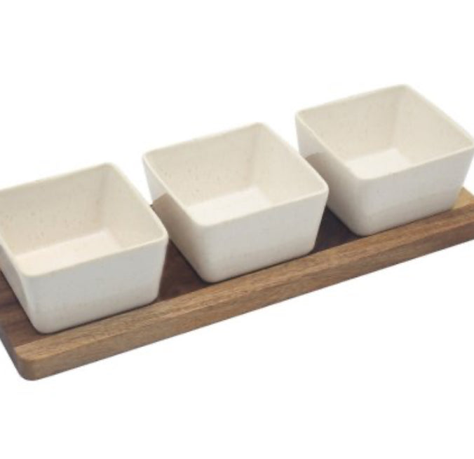 Square Ceramic Dip Dishes on Wood Tray 32cm