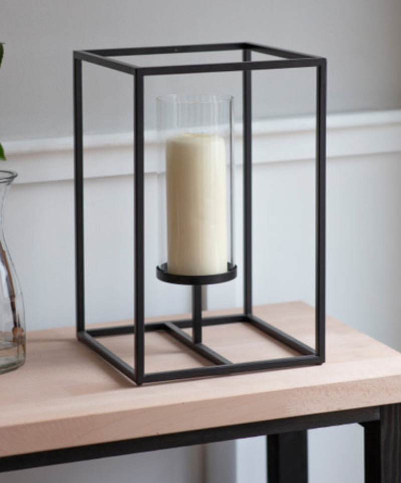 Framed windlight black metal candle holder 2 sizes