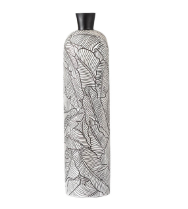 Black white leaf detail embossed tall vase 60cm