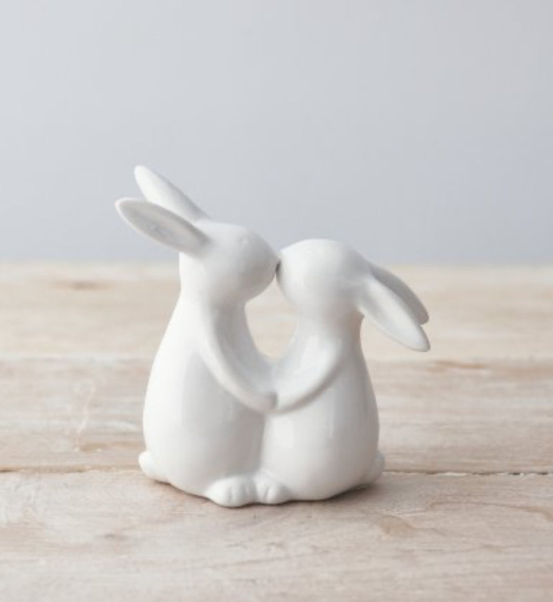 White ceramic kissing bunny rabbits 10cm Easter