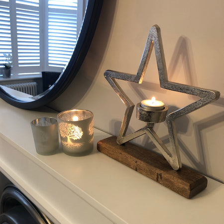 Aluminium Star On Wood Base Tea light candle Holder