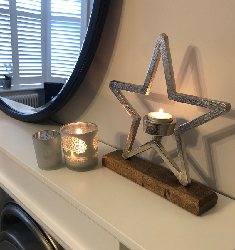 Aluminium Star On Wood Base Tea light candle Holder