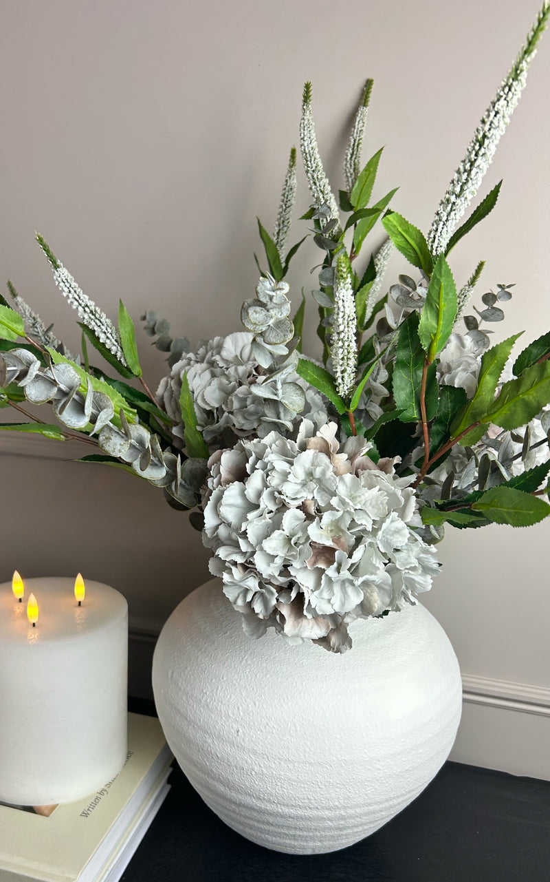 Bouquet arrangement 4 grey/taupe hydrangeas white Veronica eucalyptus bunch