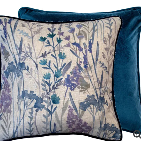 Blue Purple Linen & Velvet  Meadow Print Cushion luxury floral 45cm