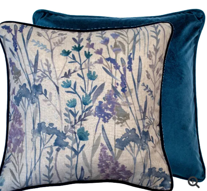 Blue Purple Linen & Velvet  Meadow Print Cushion luxury floral 45cm