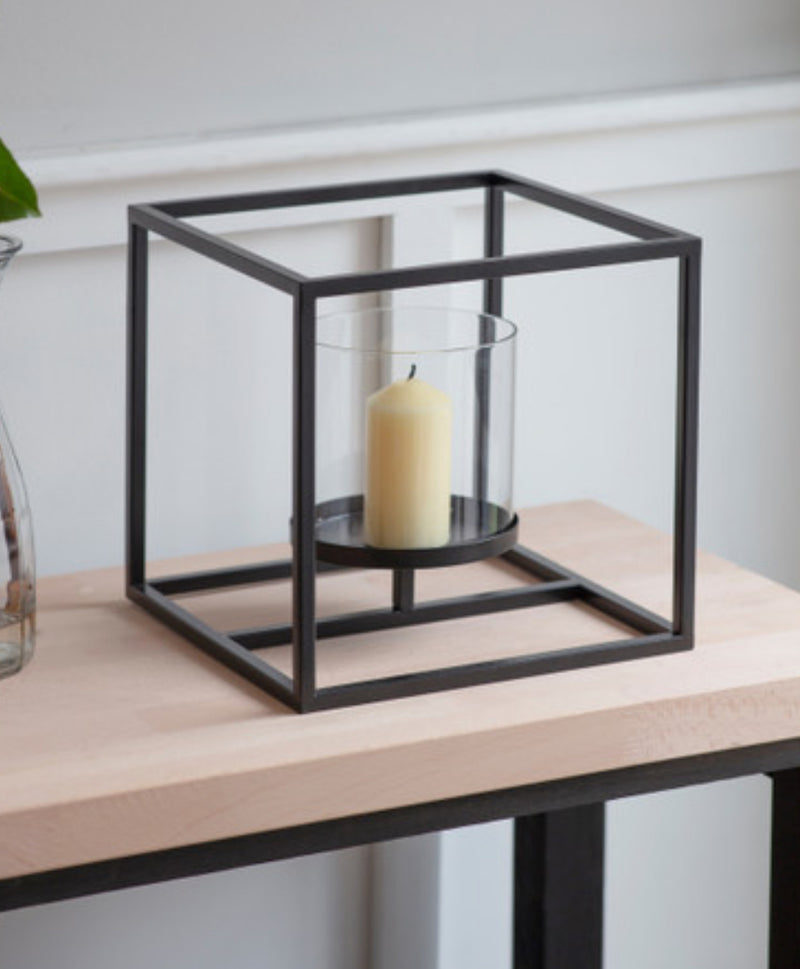 Framed windlight black metal candle holder 2 sizes