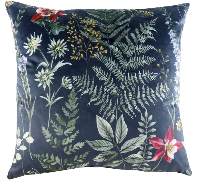 Eden Navy Blue Leaf Print Feather Filled Cushion 43cm x 43cm