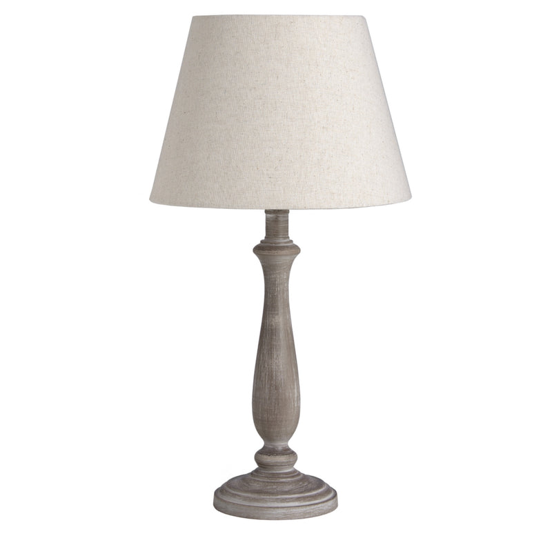 Theos washed wood brown taupe lamp with linen shade