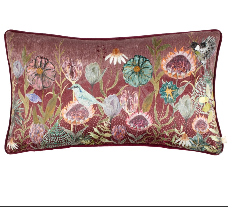 Floral & Bird Meadow Pink Rectangular Cushion 30x50cm