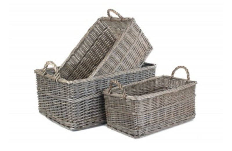 Rectangular grey wash wicker woven basket 3 sizes