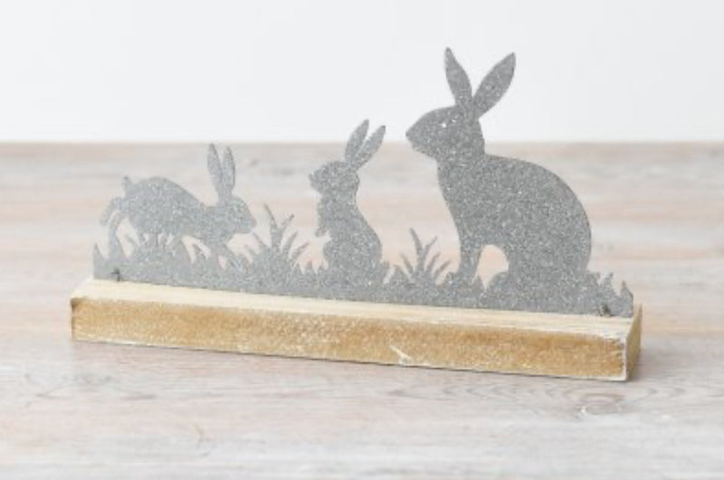 Bunny rabbit Easter family on wooden base 18cm