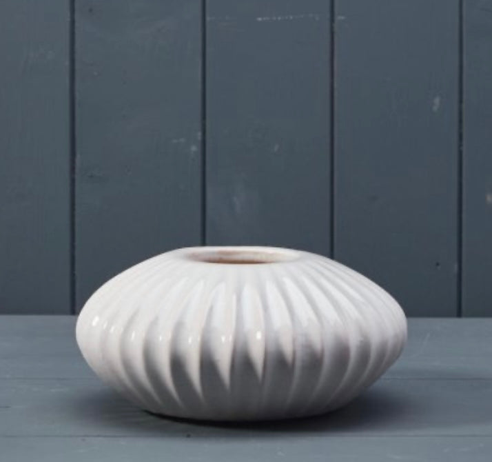 White Ribbed Ceramic squat Vase