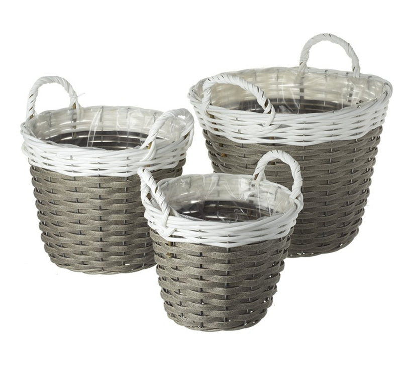 Set of three two tone wicker garden planters